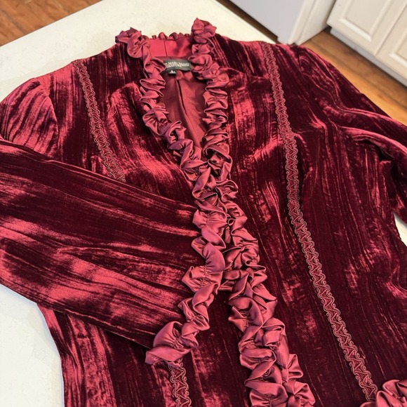Carmen Marc Valvo Silk-blend Burgundy Velvet Jacket Women's Size 8 Ruffles - Picture 9 of 10